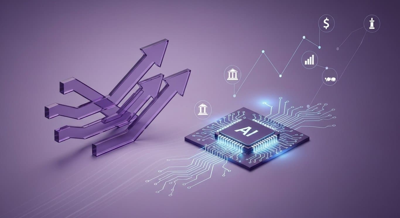 Market arrows showing dispersion, AI infrastructure strength, lower Treasury yields, and sector rotation from financials