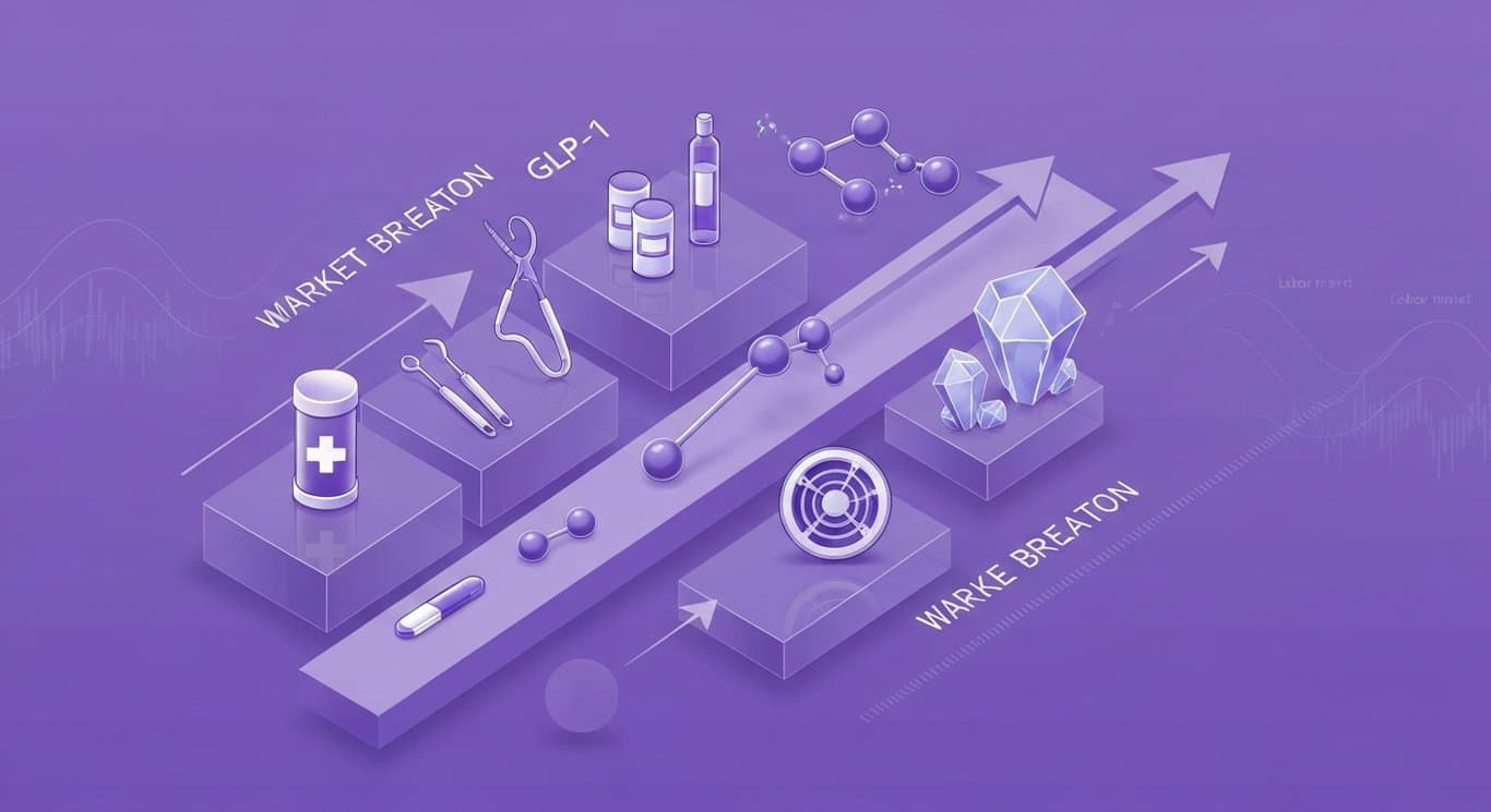 Market rotation visualization with healthcare strength, GLP-1 momentum, cooling tech, broader breadth, and softer US labor ￼￼