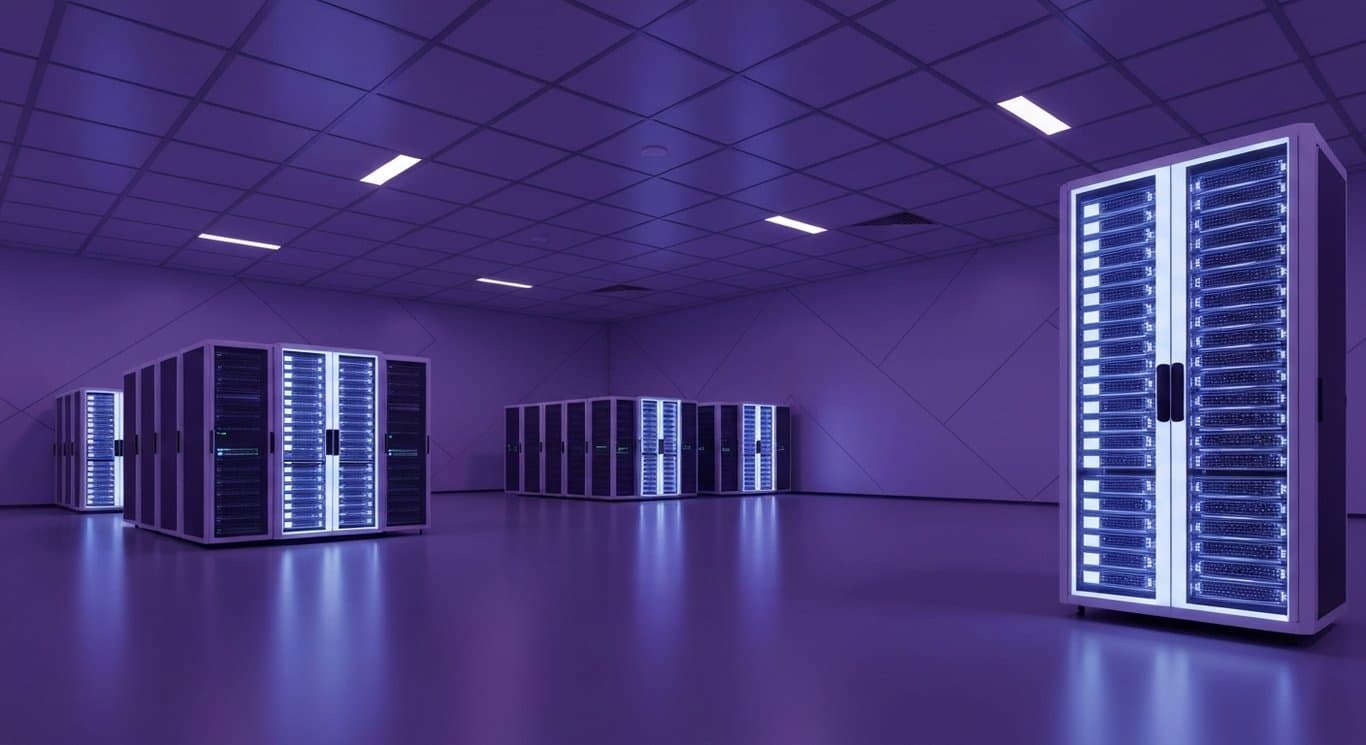 AI server racks in a modern data center with subtle purple ambient lighting