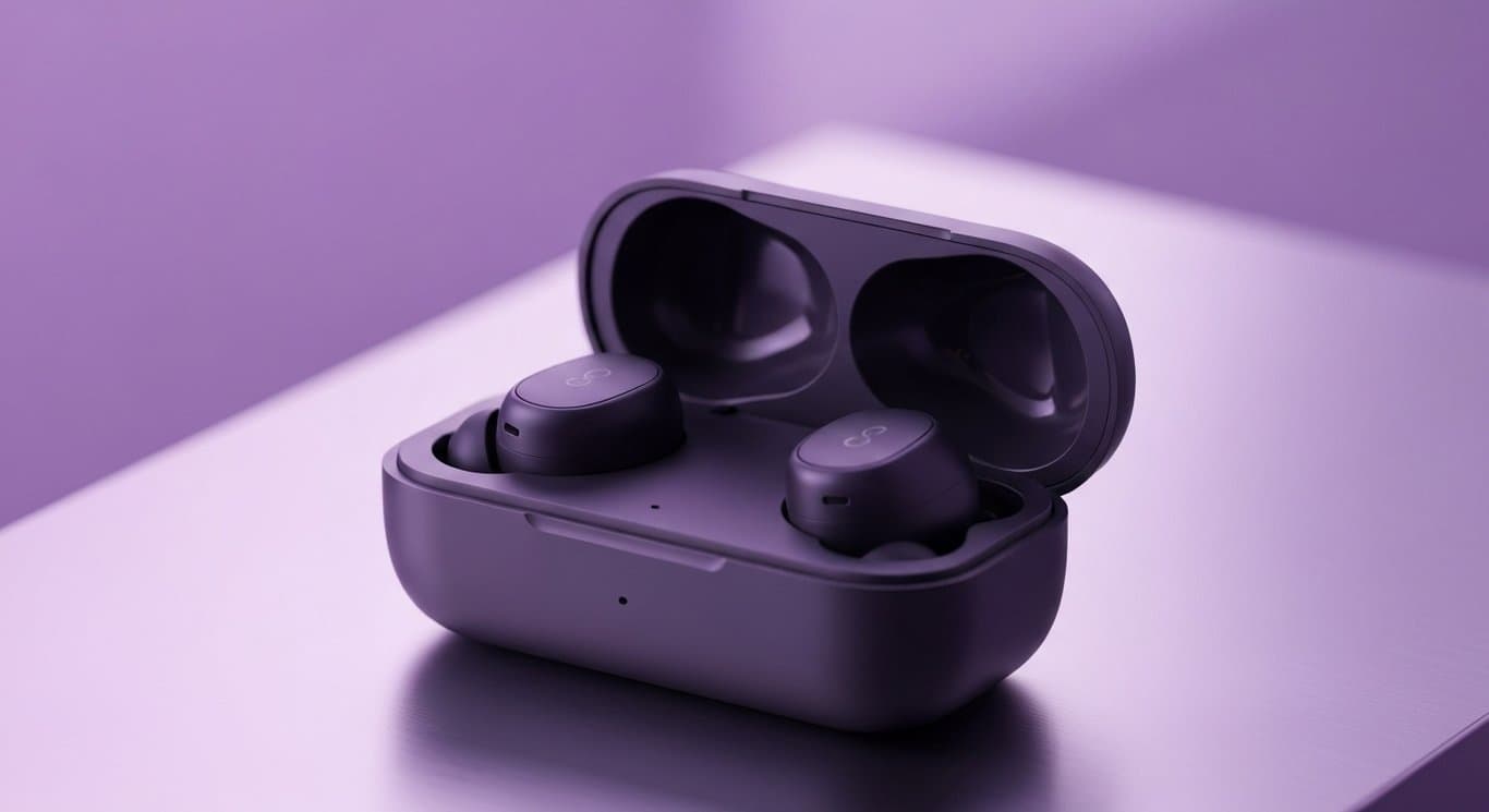 Wireless earbuds in an open charging case on a reflective surface with a soft purple background