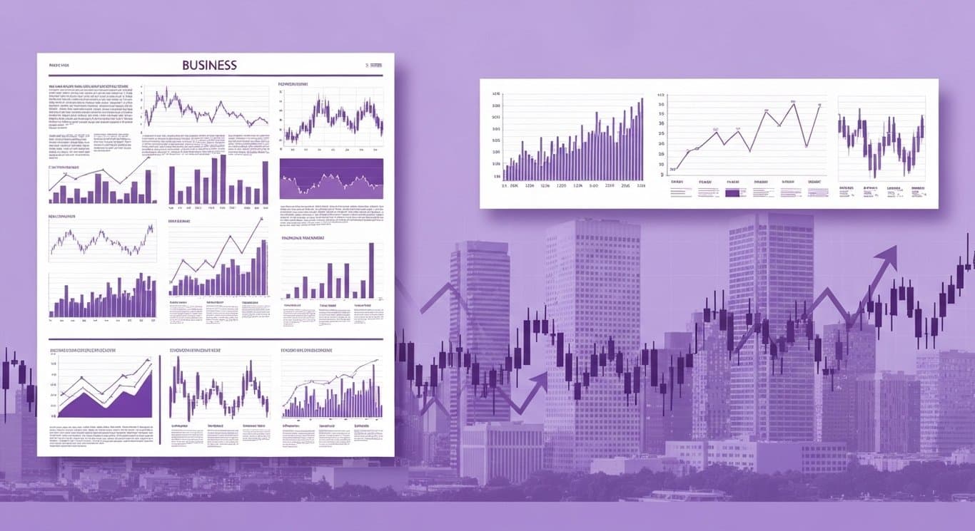 Business newspaper page with financial charts and an abstract city skyline in the background