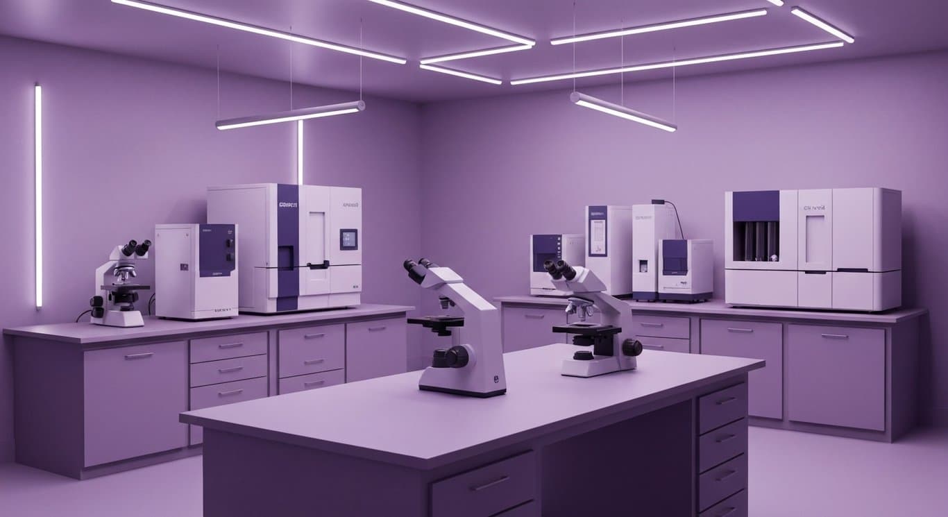 Laboratory equipment neatly arranged on a modern workspace with a soft purple gradient background