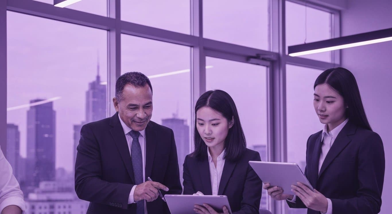 Group of business professionals discussing financial graphs on a tablet in a modern office with a purple gradient background