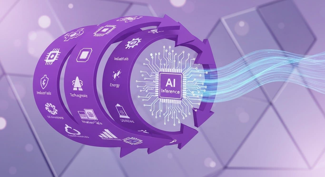 Market rotation toward industrials, energy, materials, and utilities with AI inference efficiency and specialized hardware in