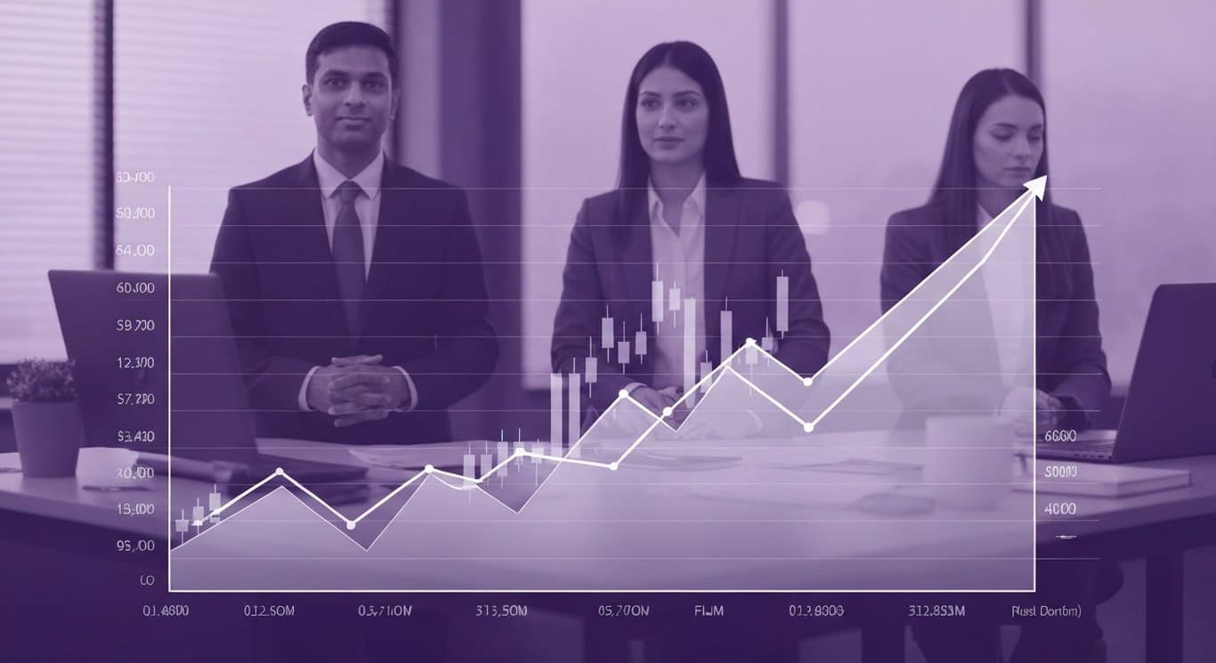 Digital asset graph with upward trend and institutional figures in a modern workspace with purple tones
