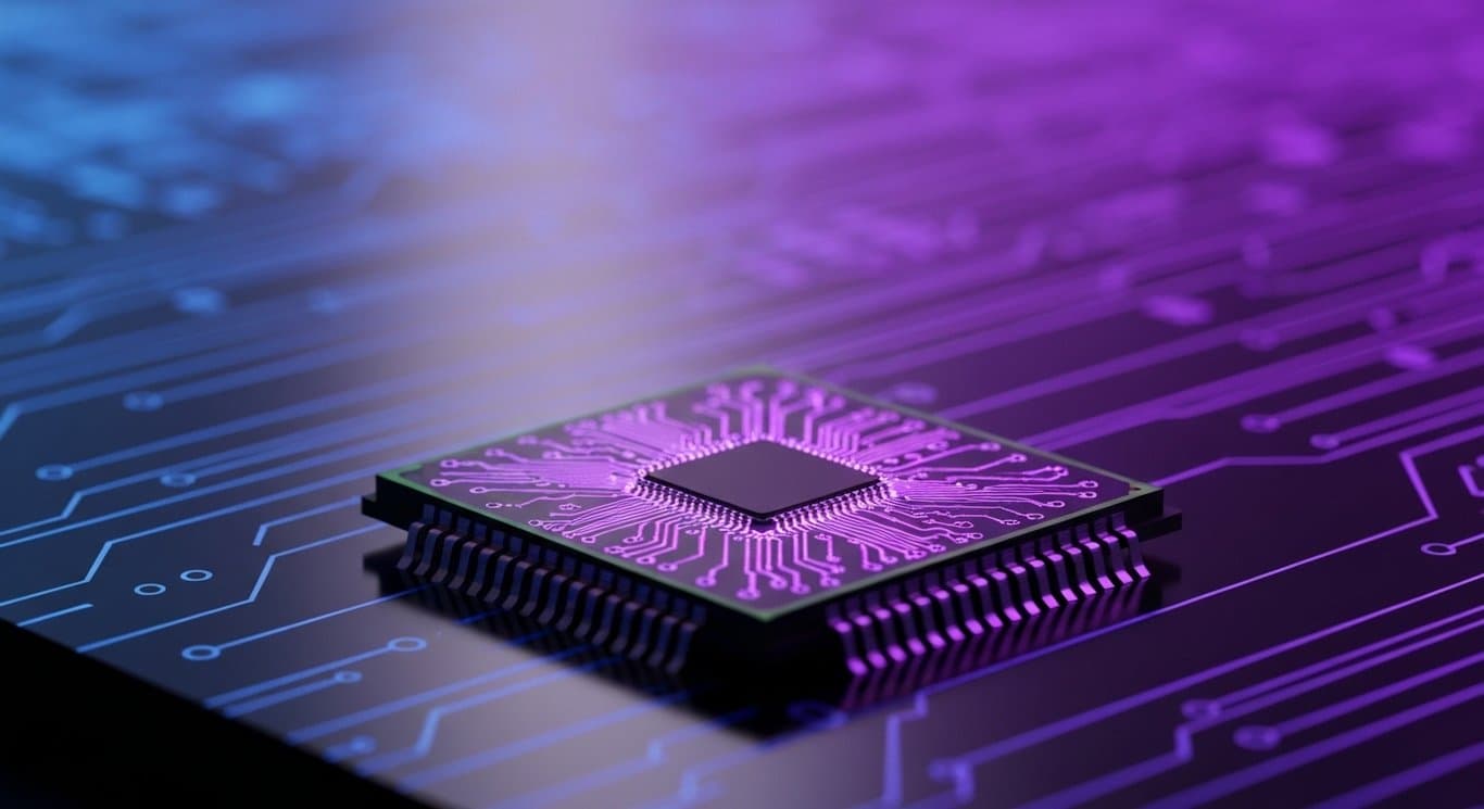 Futuristic microchip with glowing circuits on a sleek surface, purple-toned abstract background