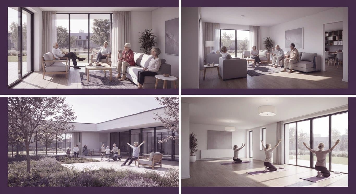 Senior living facility with landscaped gardens and residents socializing in modern communal spaces