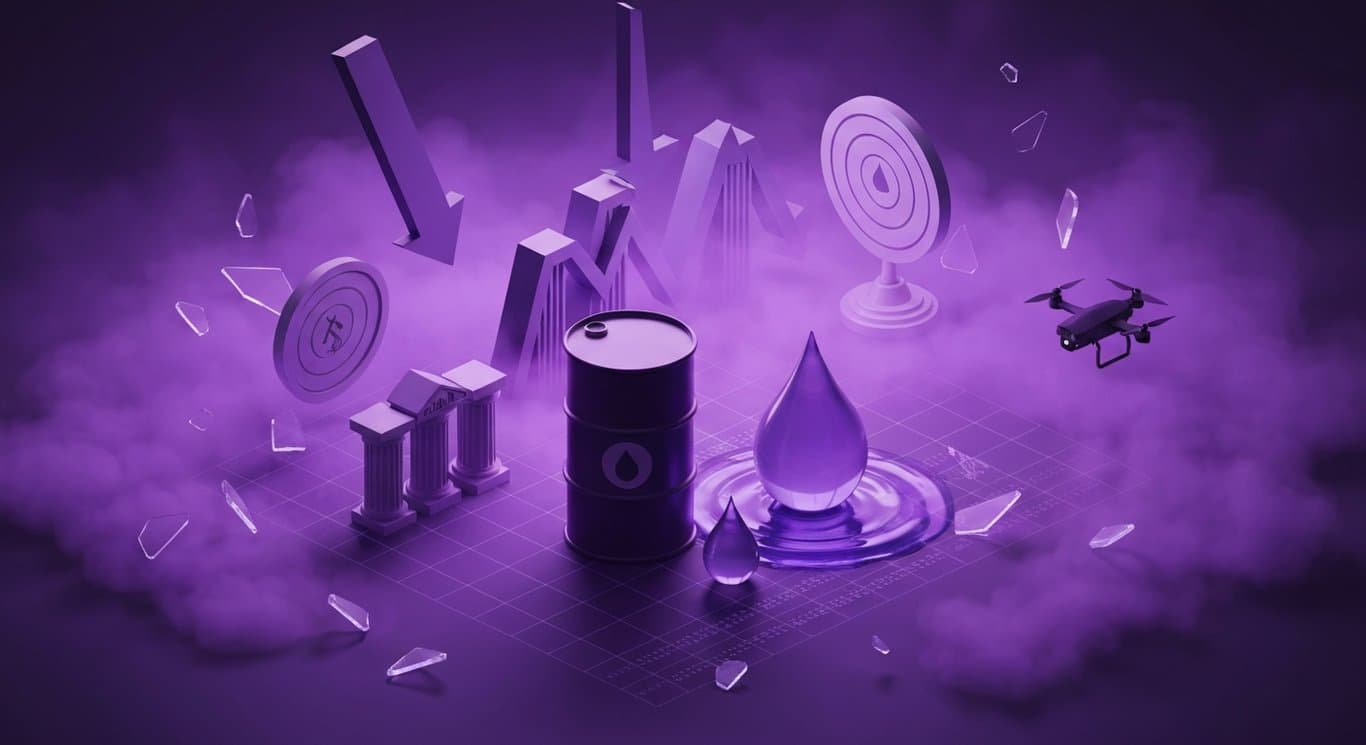 Geopolitical shock: oil surge, market volatility, financial sector stress, rising defense and counter-UAS spending in purple