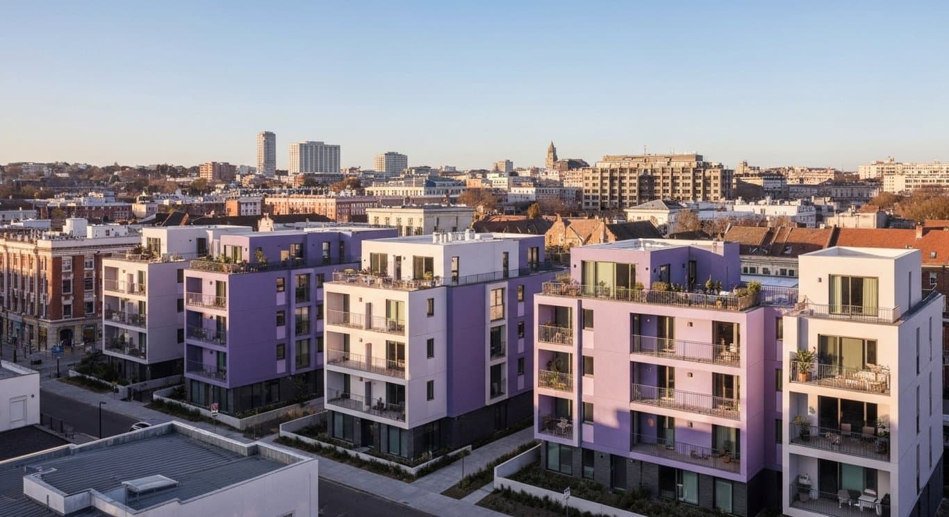 Modern apartment buildings with cityscape and warm sunlight in a minimalist purple setting