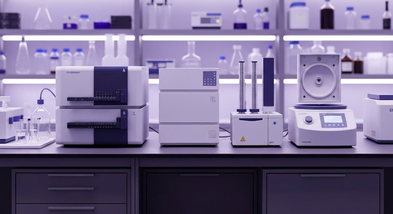 Laboratory bench with high-end scientific instruments and a softly blurred purple-toned laboratory background