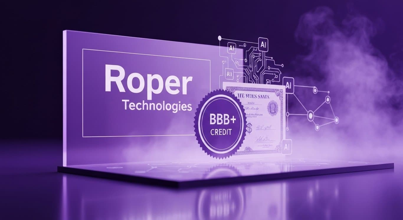 Roper Technologies debt strategy visualization with bond notes, BBB+ credit cues, AI growth and M&A compounding themes in a紫紫