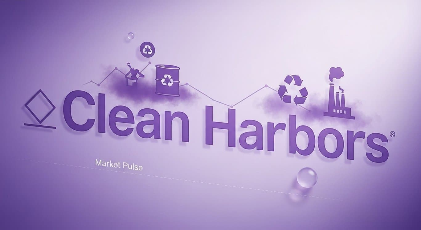 Logo on translucent glass with abstract revenue charts, segment icons, and market pulse line in purple style