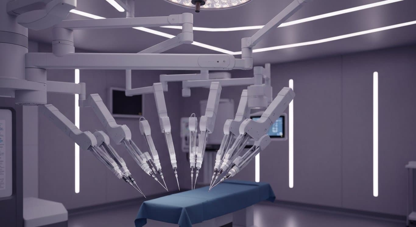 Robotic surgical system with articulated arms in a sleek operating room with purple ambient lighting