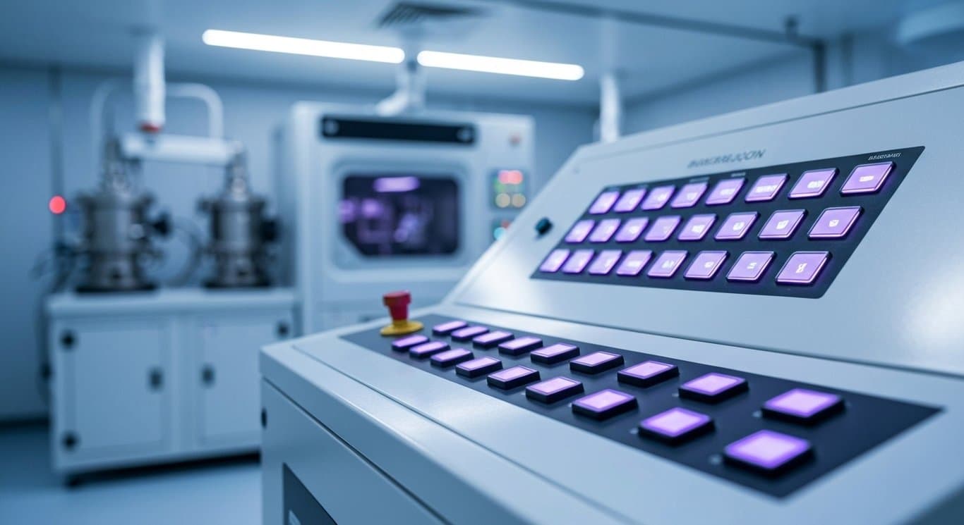 Modern industrial control panel in a high-tech facility with subtle machinery and purple lighting accents