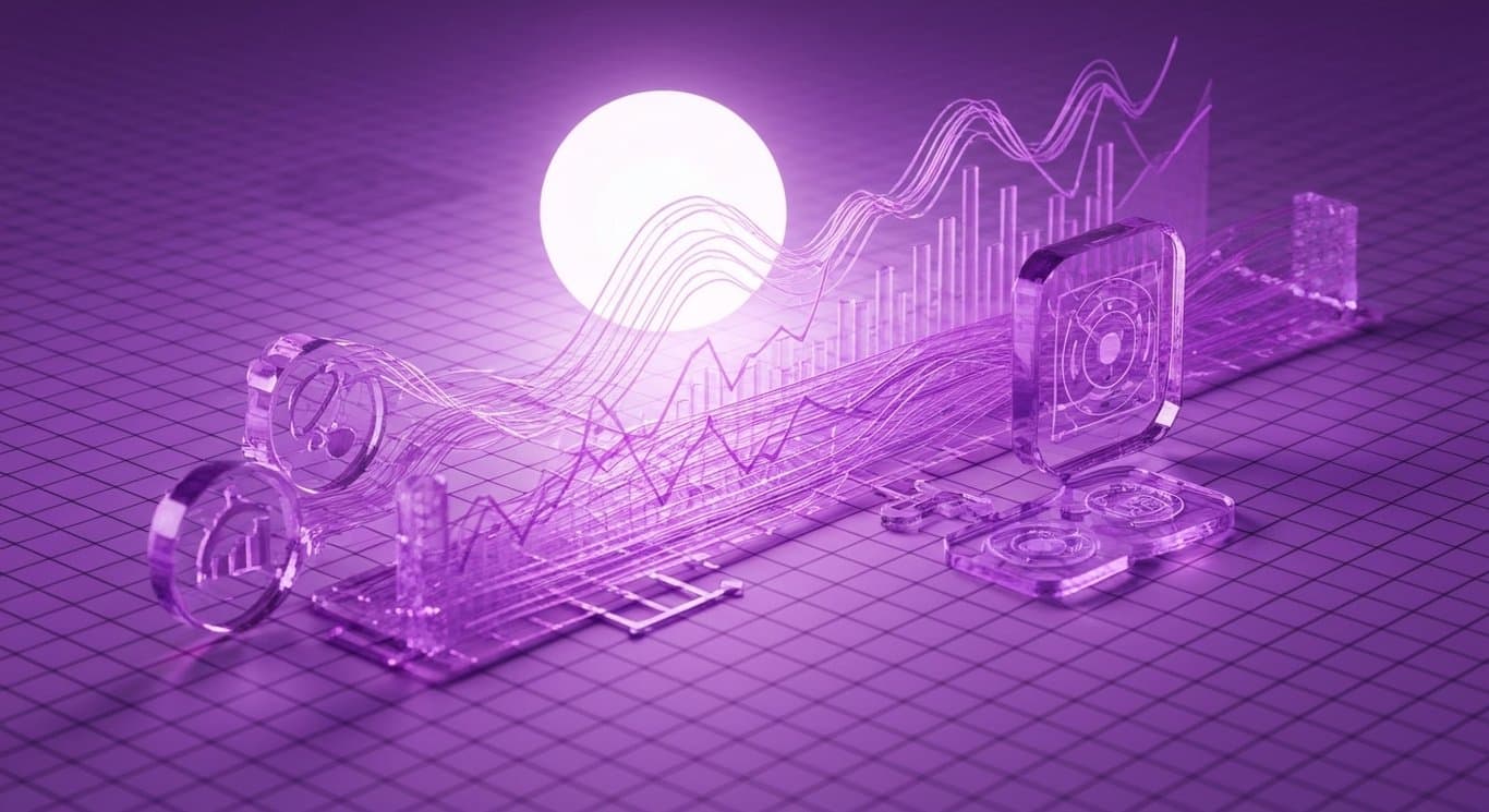 Industry trends and market analysis visualized with abstract data streams and geometric graphs in a clean purple style