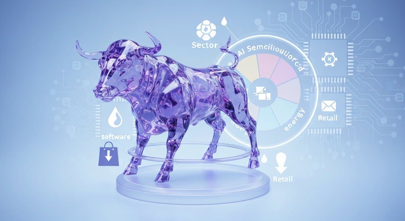 Market bull in purple glass, US equities highs on AI optimism, sector rotation: semiconductors and energy up, retail weakness