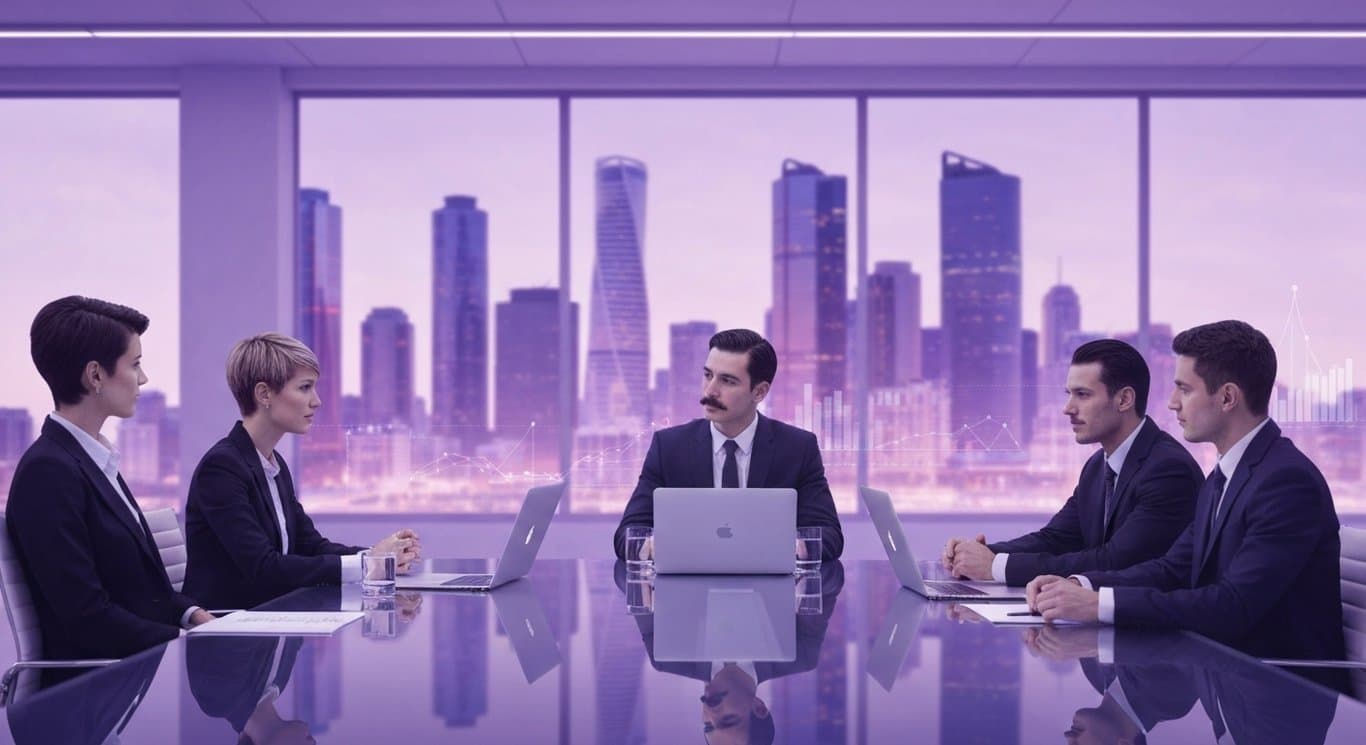 Business professionals around a glass table with an abstract cityscape and purple tones in the background