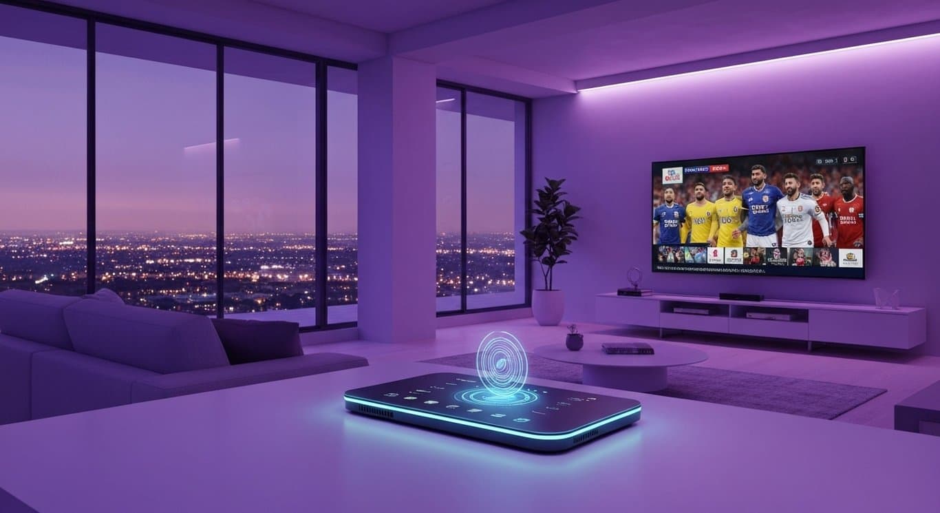 Streaming device in a sleek living room displaying sports on a large TV with a purple-toned background