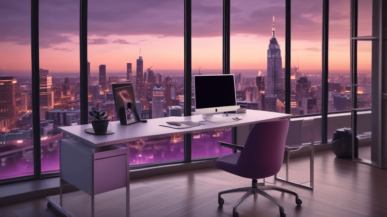 Modern office desk with purple color palette, promoting workplace efficiency.